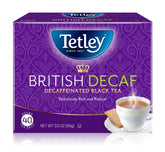 Tetley front packaging showing brand and decaf benefit