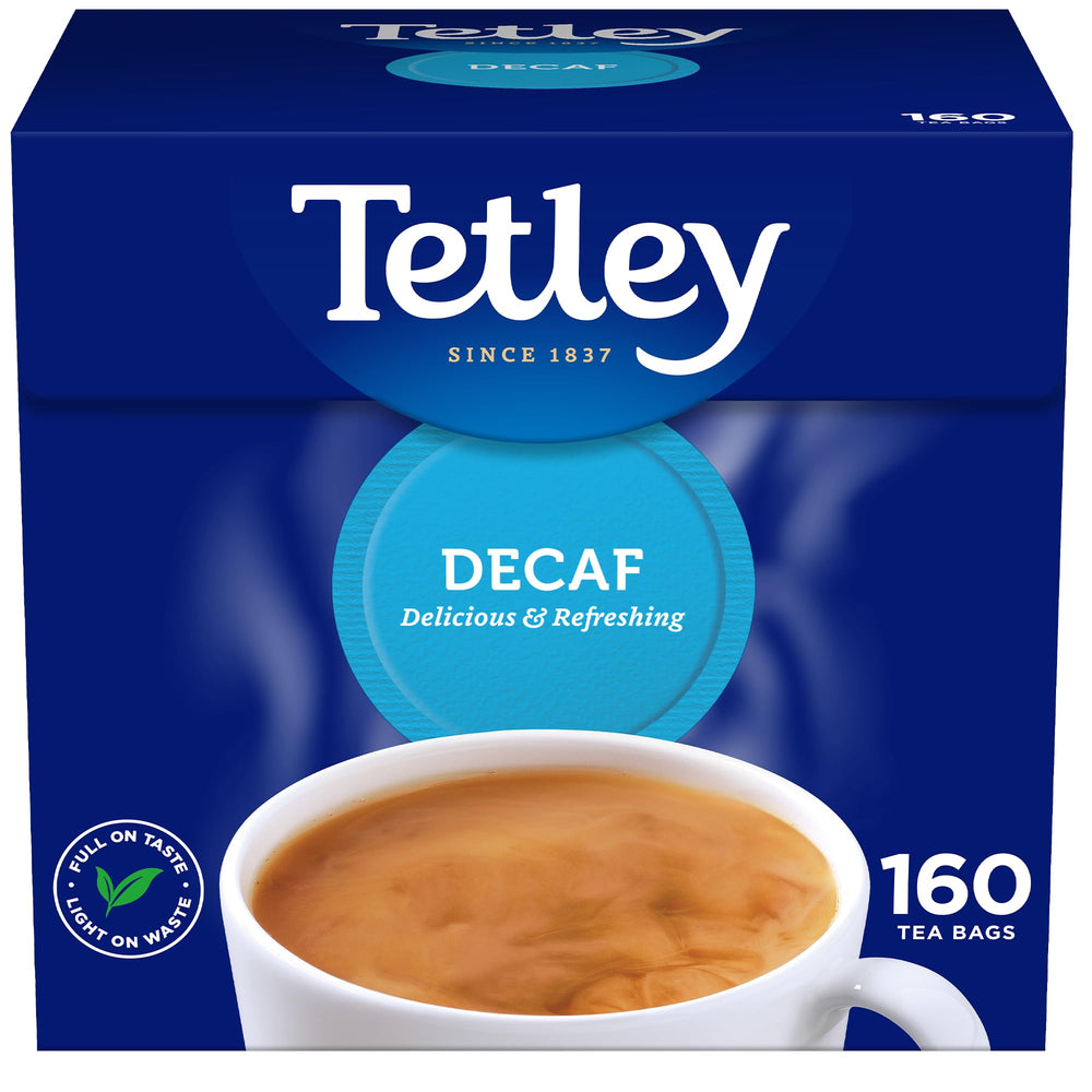 Tetley decaf 160s front pack showing branding and count, reassuring purchase