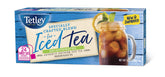 Tetley decaffeinated iced tea front packaging showing family-size box and benefit of clear brew