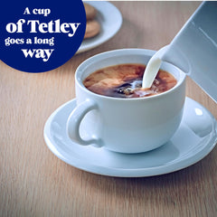 Tetley decaf tea bag tag and string, showing easy steeping convenience