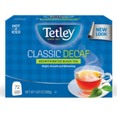 Tetley decaffeinated front packaging showing brand and count for quick recognition