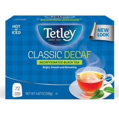 Tetley decaffeinated front packaging showing brand and count for quick recognition
