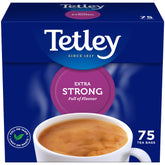 Tetley extra strong front packaging showing 75 tea bags and bold branding