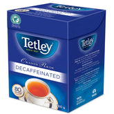 Tetley decaffeinated orange pekoe front packaging showing certification and clear labeling