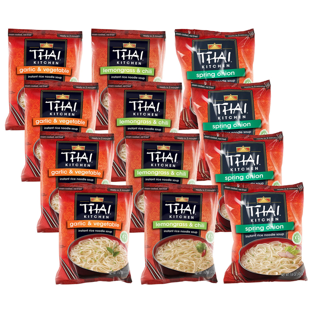 Thai Kitchen front packaging showing variety pack and flavors, clear product info benefit