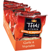 Thai Kitchen front packaging showing garlic vegetable soup and pack details for convenience