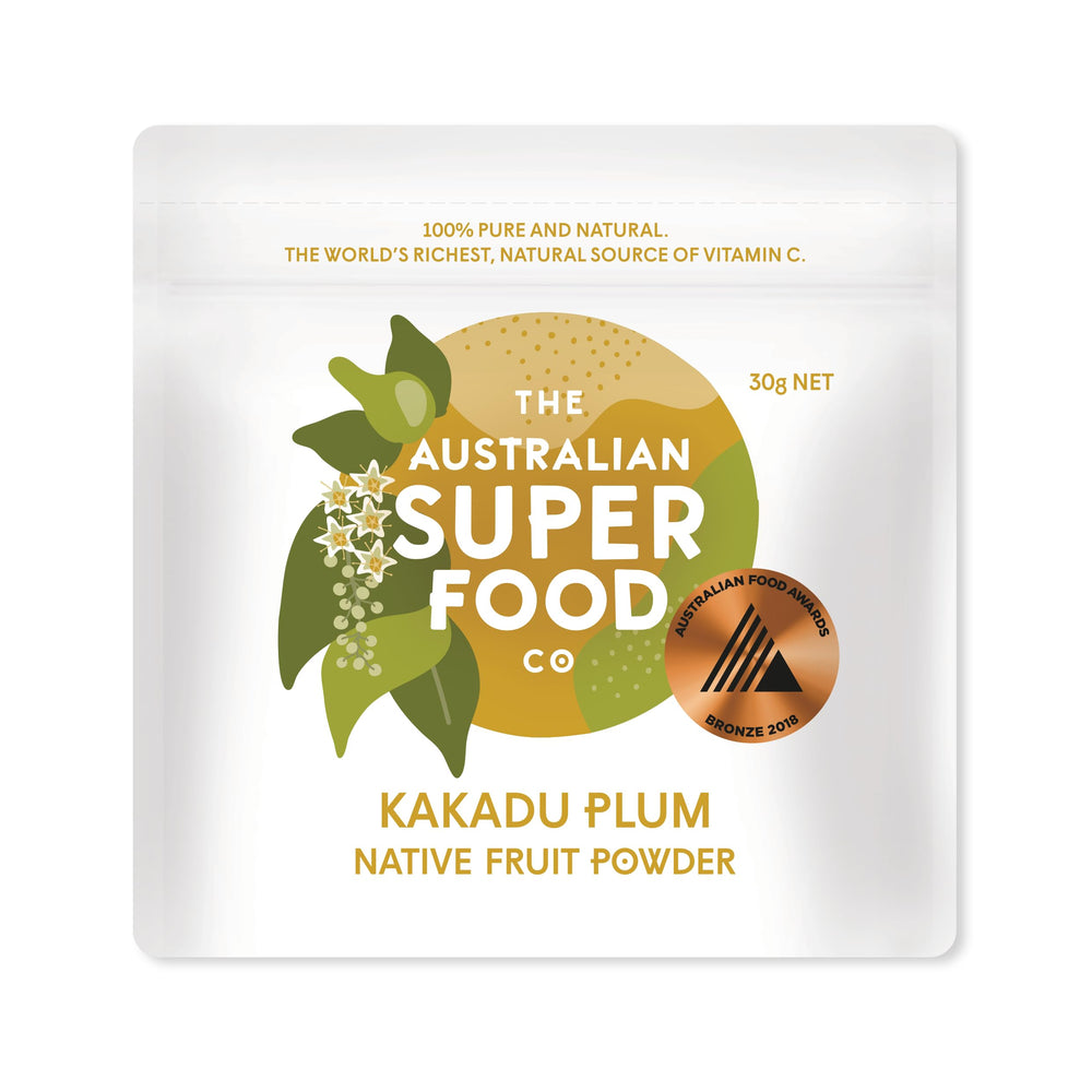 THE AUSTRALIAN SUPERFOOD front packaging of Kakadu Plum powder shows natural label and compact 30g pouch, convenient for travel