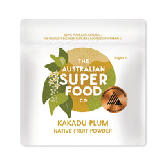 THE AUSTRALIAN SUPERFOOD front packaging of Kakadu Plum powder shows natural label and compact 30g pouch, convenient for travel