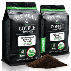 The Bean bag front packaging showing organic half-caff French roast benefit freshness