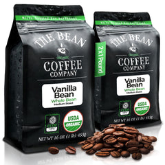 The Bean Coffee Company front packaging showing organic vanilla whole bean benefits