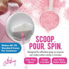 The Candery easy-pour spout close-up reducing mess when adding sugar to machines
