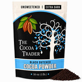 The Cocoa Trader front package showing 1 lb unsweetened black cocoa for dramatic color