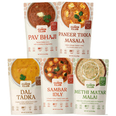 the cumin club front packaging showing five meal pouches and brand clarity
