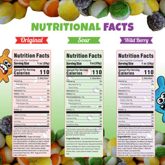 The Freeze Dried Candy Store three flavors arranged to show Original, Sour, Wild Berry variety
