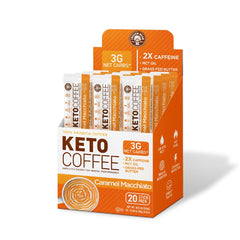 The Frozen Bean front packaging showing 20 keto caramel macchiato sticks and brand label for easy identification