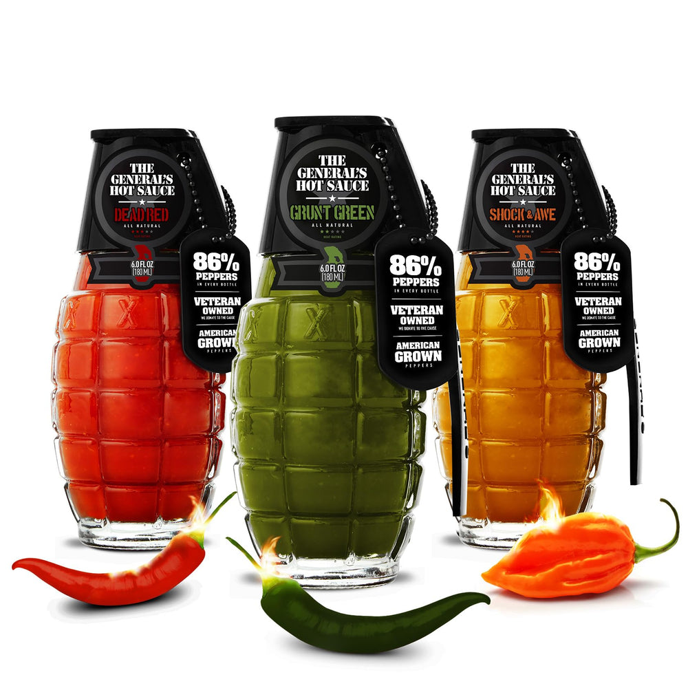 The General's Hot Sauce front packaging showing three collectible bottles and gift appeal