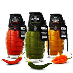 The General's Hot Sauce front packaging showing three collectible bottles and gift appeal