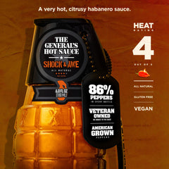 The General's Hot Sauce label and metal dog tag highlighting brand story and collectible benefit