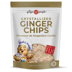 The Ginger People close-up of crystallized ginger chips texture, chewy sweet crunch