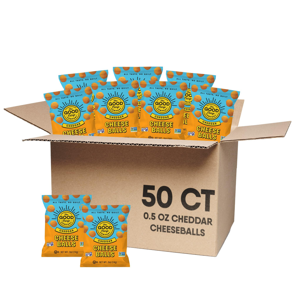 The Good Crisp Company front packaging showing bulk 50-pack and clear branding for easy identification