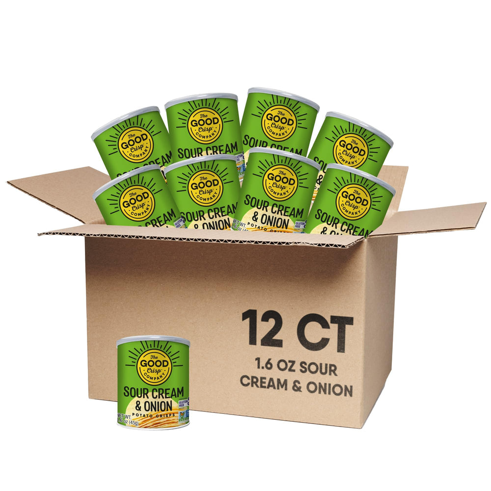 The Good Crisp Company front packaging showing mini sour cream cans and portability benefit