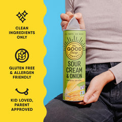 Hand holding a single chip from The Good Crisp Company emphasizing easy portioning