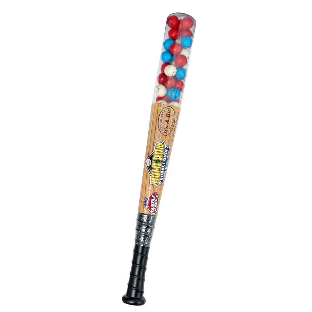 THE HAMPTON CANDY COMPANY front view of baseball bat container showing colorful gumballs and festive display benefit