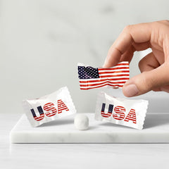 THE HAMPTON CANDY COMPANY bowl of red white blue mints for party table appeal and convenience