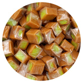THE HAMPTON CANDY COMPANY front of bag showing green apple caramel squares, clear labeling and bulk value