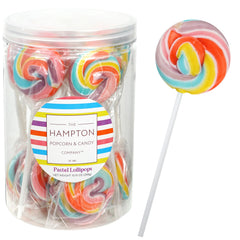 THE HAMPTON CANDY COMPANY front packaging showing 24 pastel rainbow lollipops for easy gifting