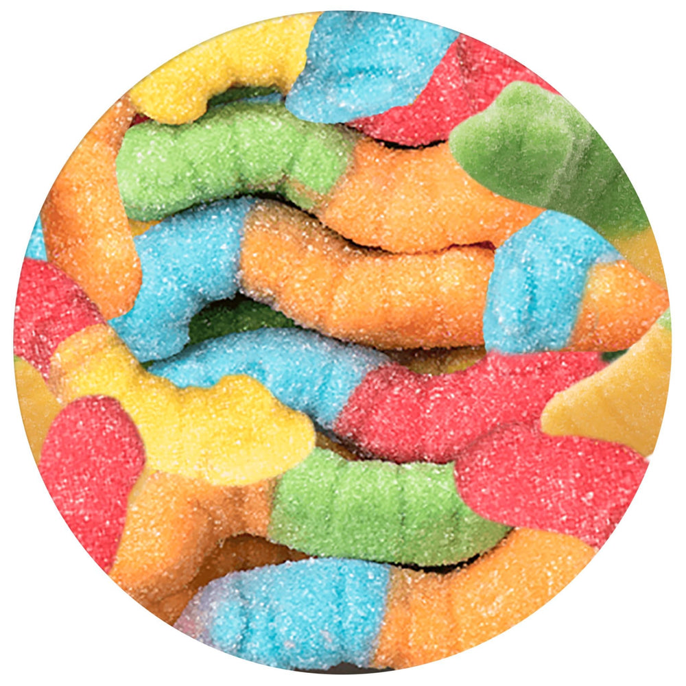 THE HAMPTON CANDY COMPANY front bag shot showing neon sour gummy worms and easy bulk value
