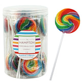 THE HAMPTON CANDY COMPANY front-packaging shows colorful rainbow lollipops for parties