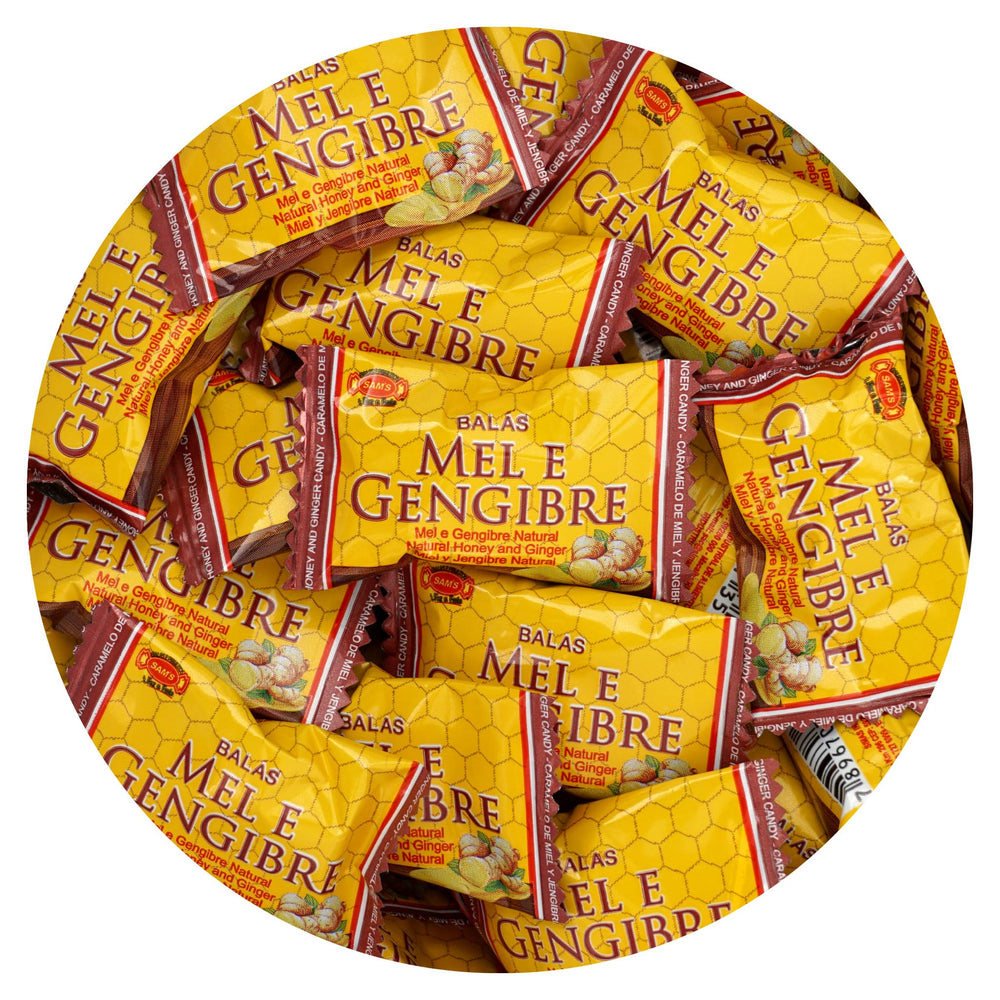 THE HAMPTON CANDY COMPANY front of 2 lb honey and ginger bag showing brand and resealable pouch benefit