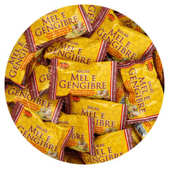 THE HAMPTON CANDY COMPANY front of 2 lb honey and ginger bag showing brand and resealable pouch benefit