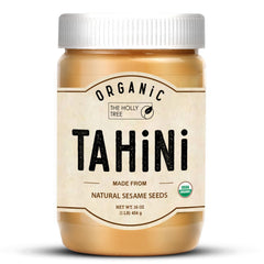 The Holly Tree jar front label showing organic tahini benefits