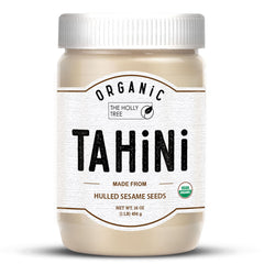 The Holly Tree tahini front jar showing organic label and clean packaging benefit