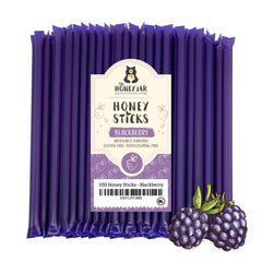 The Honey Jar front packaging of blackberry honey sticks showing count and label for easy storage