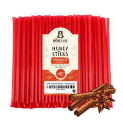 The Honey Jar front package showing 100 cinnamon honey sticks for convenient sweetness