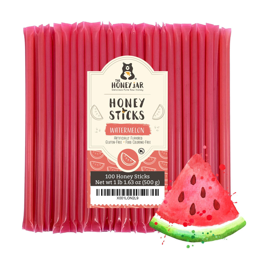 The Honey Jar front packaging showing 100 watermelon honey sticks and brand name benefit