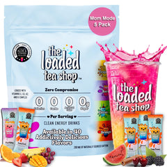The Loaded Tea Shop front packaging showing Mom Mode collection and flavors, convenient portability