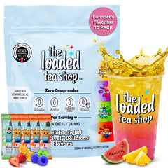 The Loaded Tea Shop front packaging showing variety pack and energy benefits