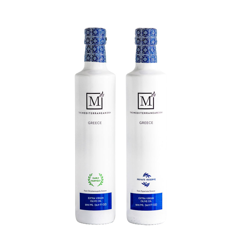 The Mediterranean Dish front packaging showing both EVOO bottles and premium presentation benefit: great gift