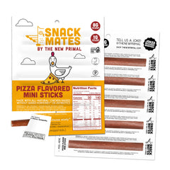 The New Primal front package showing 10 pepperoni pizza chicken sticks, convenient snack