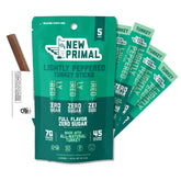 The New Primal front packaging showing five lightly peppered turkey sticks, convenient snacking