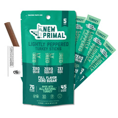 The New Primal front packaging showing five lightly peppered turkey sticks, convenient snacking