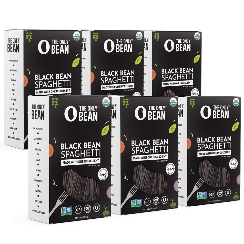 The Only Bean front packaging showing organic black bean spaghetti benefit: clear labeling