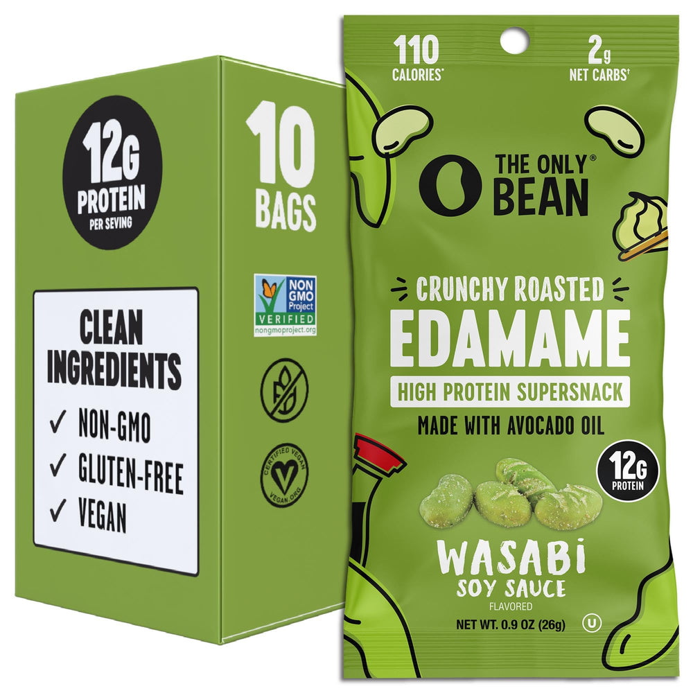 The Only Bean front packaging showing wasabi soy flavor and portable benefits