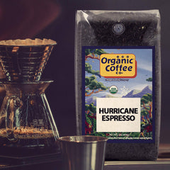 2 lb Hurricane Espresso bag with scoop by The Organic Coffee Co. illustrating quantity and freshness