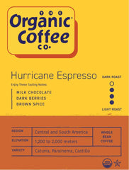 Close-up of Hurricane Espresso whole beans by The Organic Coffee Co. highlighting rich roast