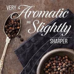 Close-up of Tellicherry peppercorns by THE ORGANIC PANTRY revealing size and aroma benefit